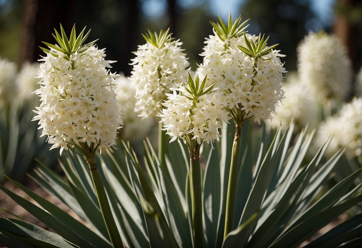 A yucca plant blooms annually with tall stalks of white flowers