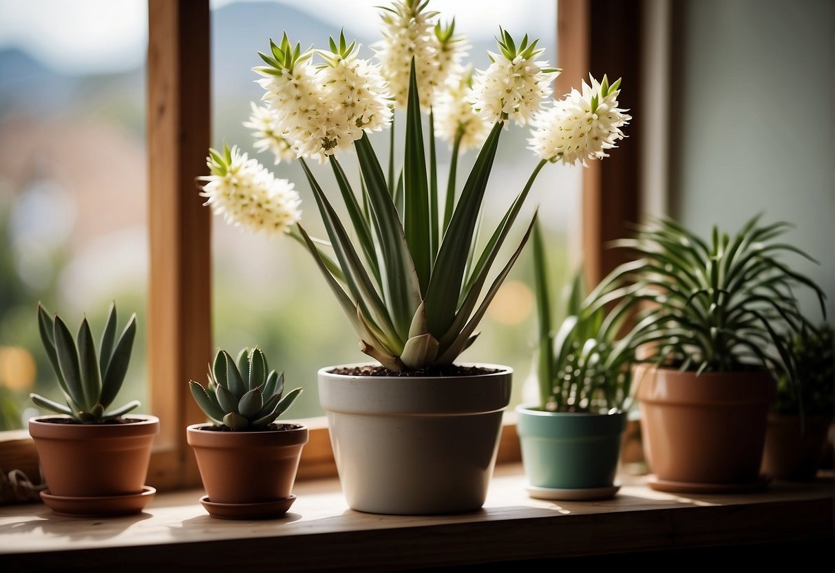 A yucca plant blooms in a pot on a sunny windowsill, surrounded by gardening tools and a watering can