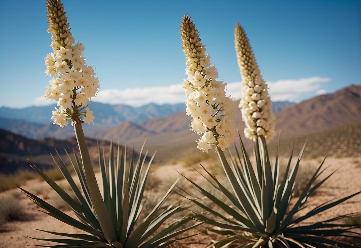 A yucca plant blooms with tall, white flowers against a backdrop of blue sky and desert landscape