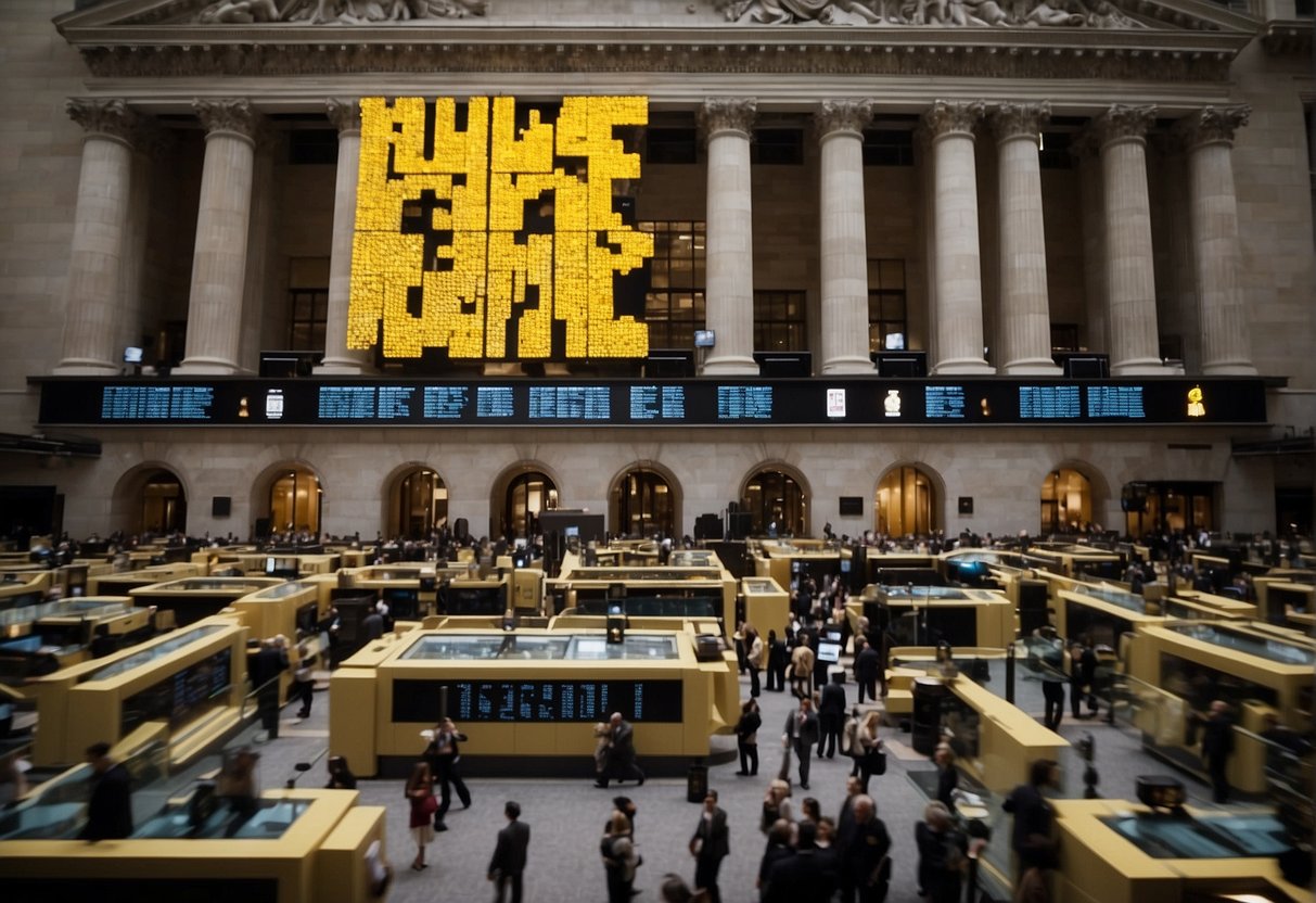 A bustling stock exchange floor with traders gesturing and shouting, electronic tickers displaying LEGO's stock symbol, and a large "Publicly Traded" sign