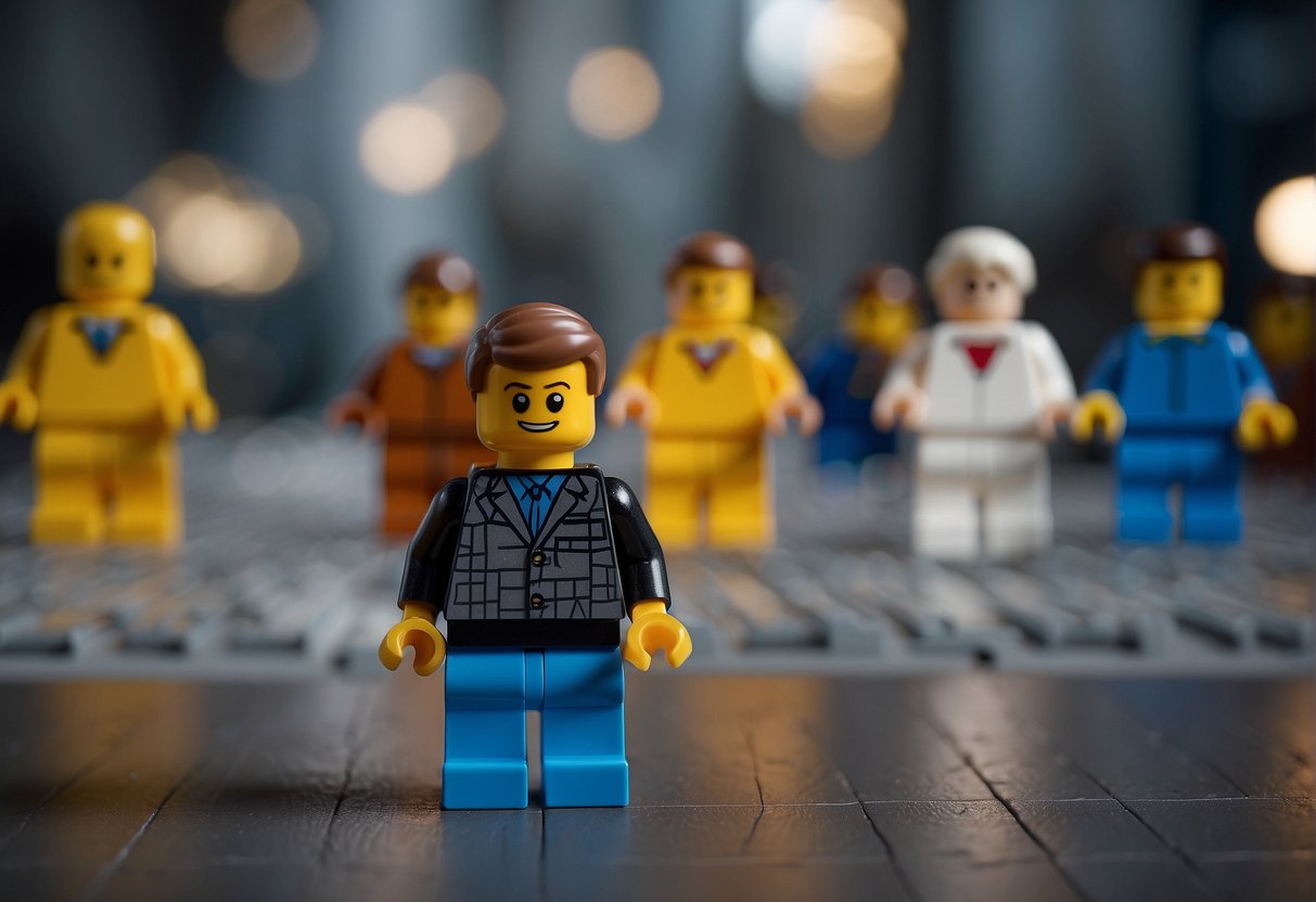 A Lego man stands on a flat surface, with a simple smile and blocky body, arms at the sides