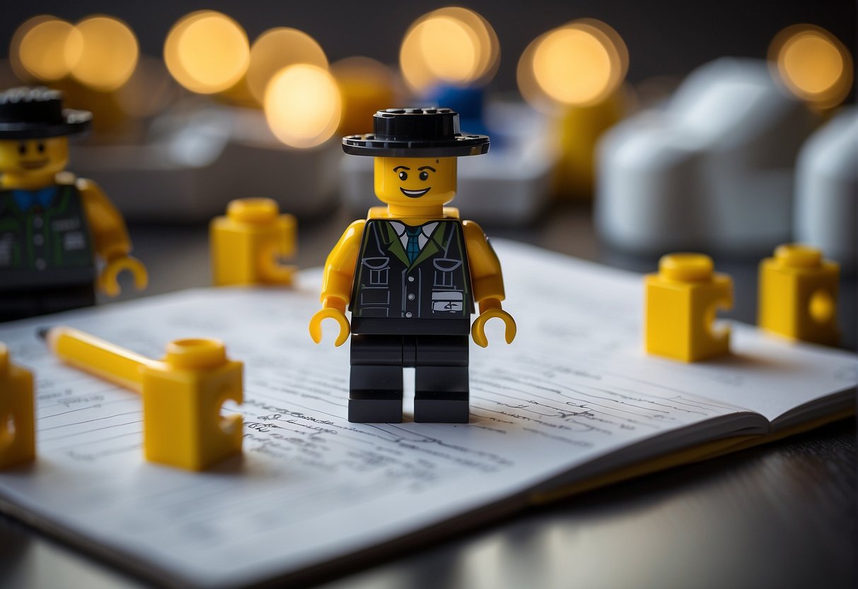 A Lego man stands surrounded by question marks, with a pencil and paper, pondering how to draw himself