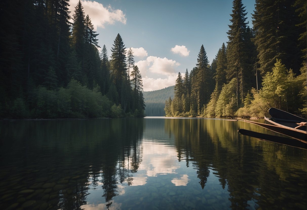 A large canoe glides through calm waters, surrounded by towering trees and a serene natural landscape