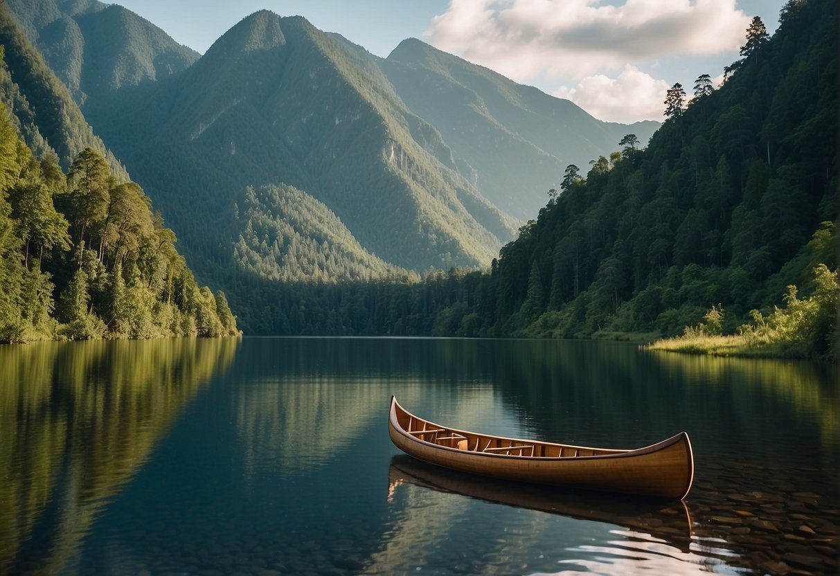 A large canoe glides through a winding river, surrounded by lush green forests and towering mountains. The canoe is adorned with intricate designs, reflecting the rich history and culture of the indigenous people who once navigated these waters