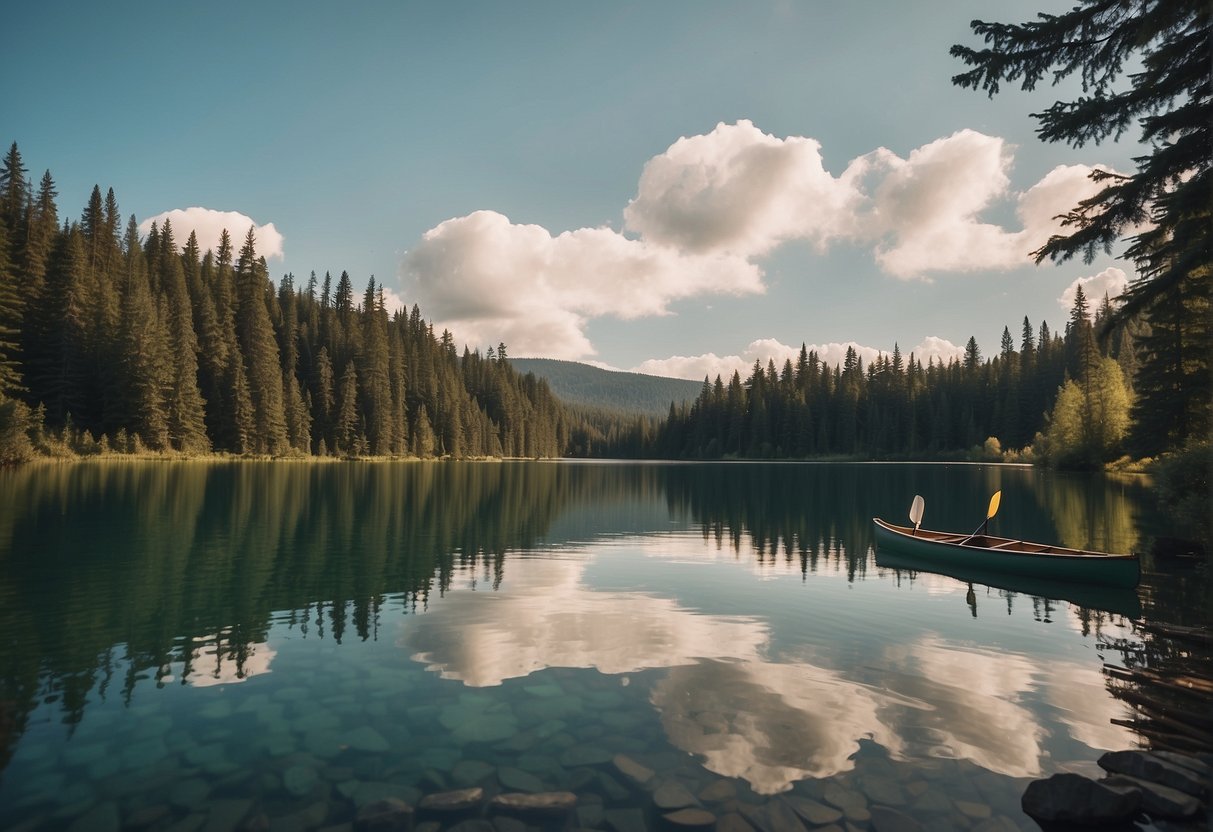 A serene lake surrounded by lush forests, with a canoe docked on the shore. A cozy cabin and outdoor amenities like a pool and tennis court complete the scene