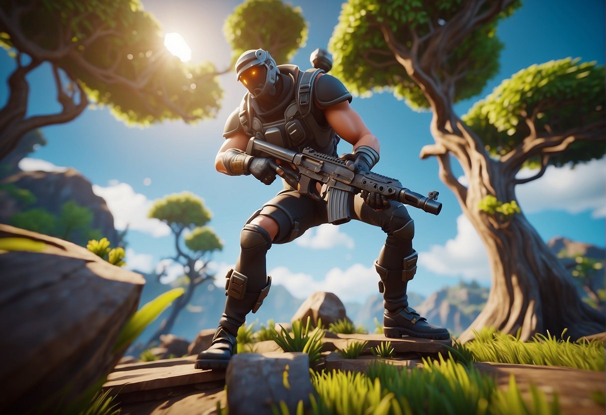 A figure constructs a knotroot structure in a Fortnite-themed environment, showcasing combat and survival skills