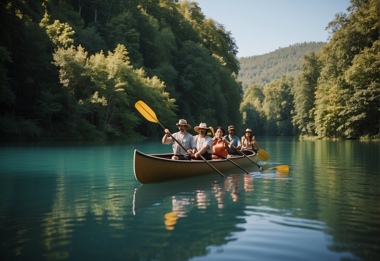 A group of people paddling a large canoe on a calm lake surrounded by lush green trees and a clear blue sky