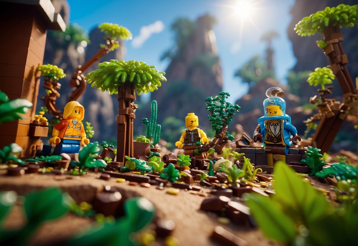 A vibrant Lego landscape with towering Knotroot plants, surrounded by adventurous Lego characters on a quest in the Fortnite universe