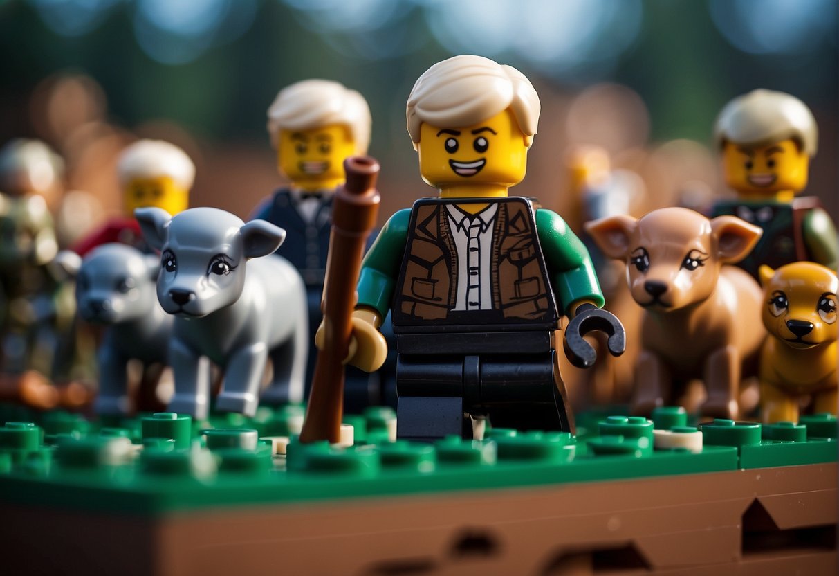 Animals herded into pens by Lego Fortnite characters. Leader holding a herding stick, directing animals into fenced area