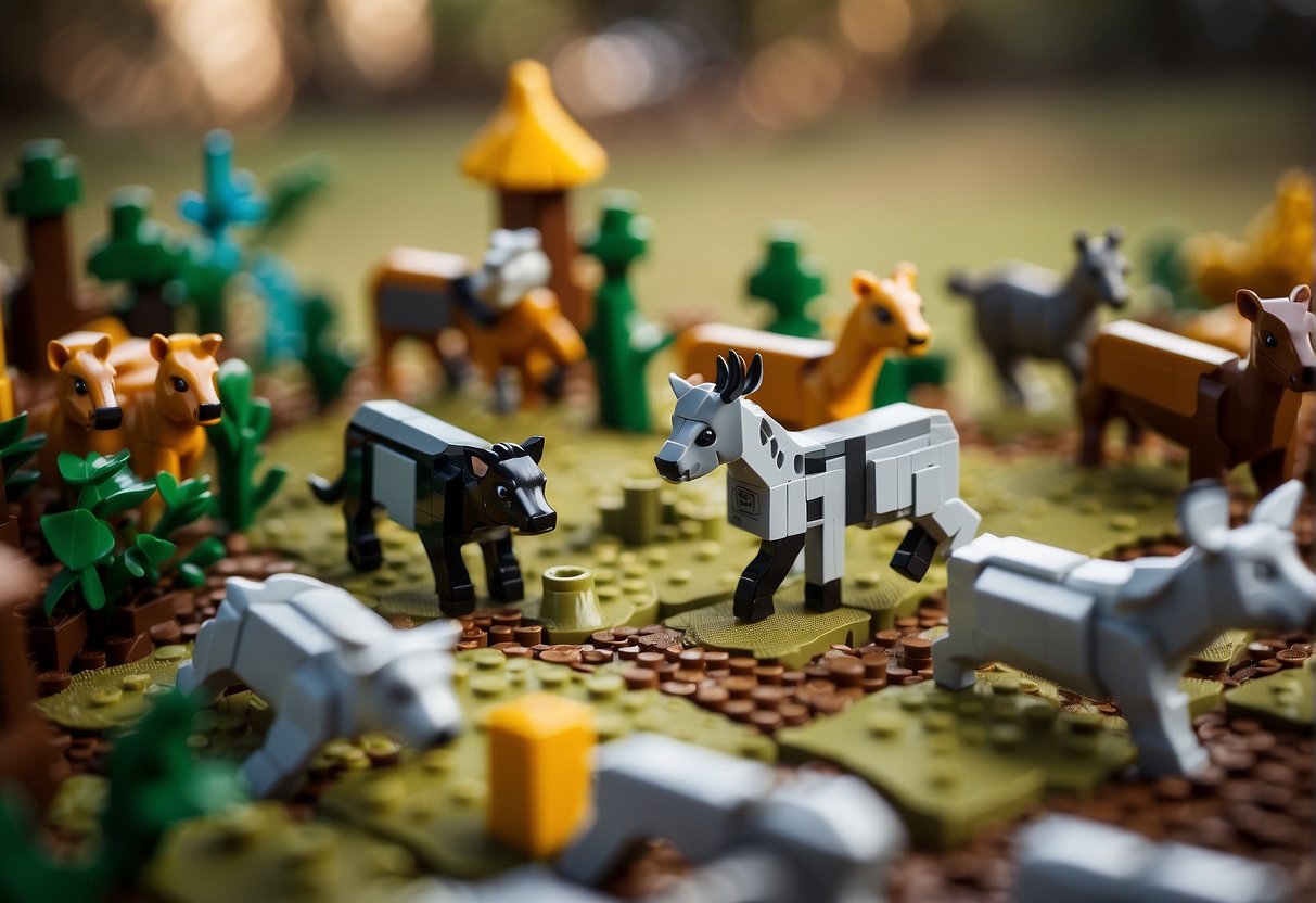Animals being led through a Lego Fortnite obstacle course, demonstrating animal care and management techniques