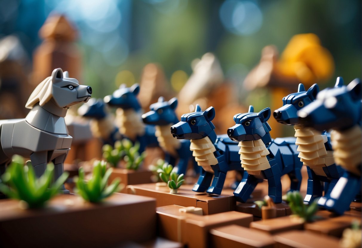 Animals following a leader in a strategic formation, resembling a lego fortnite setting