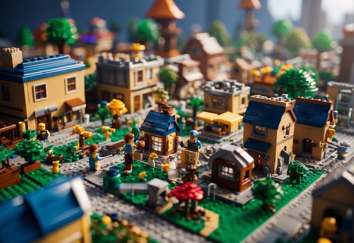 A bustling Lego Fortnite village, complete with multiple buildings, a central square, and characters engaging in various activities