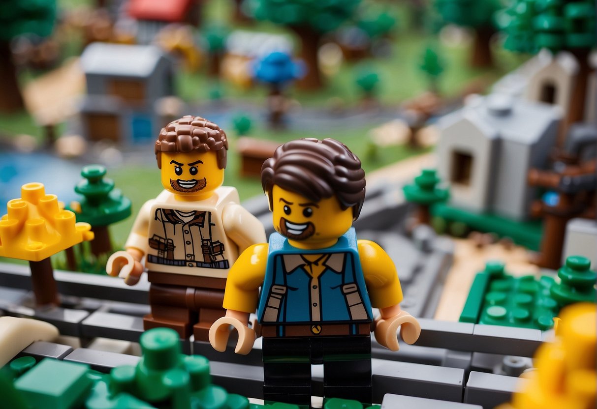Multiple Lego villages connected by bridges, surrounded by trees and hills, with colorful buildings and characters from Fortnite