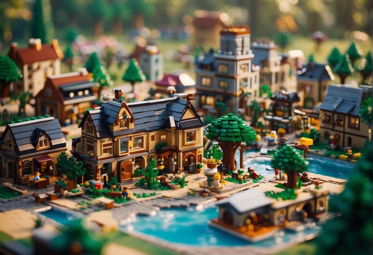 Multiple Lego villages in Fortnite setting, bustling with activity and resources, surrounded by vibrant landscapes and structures