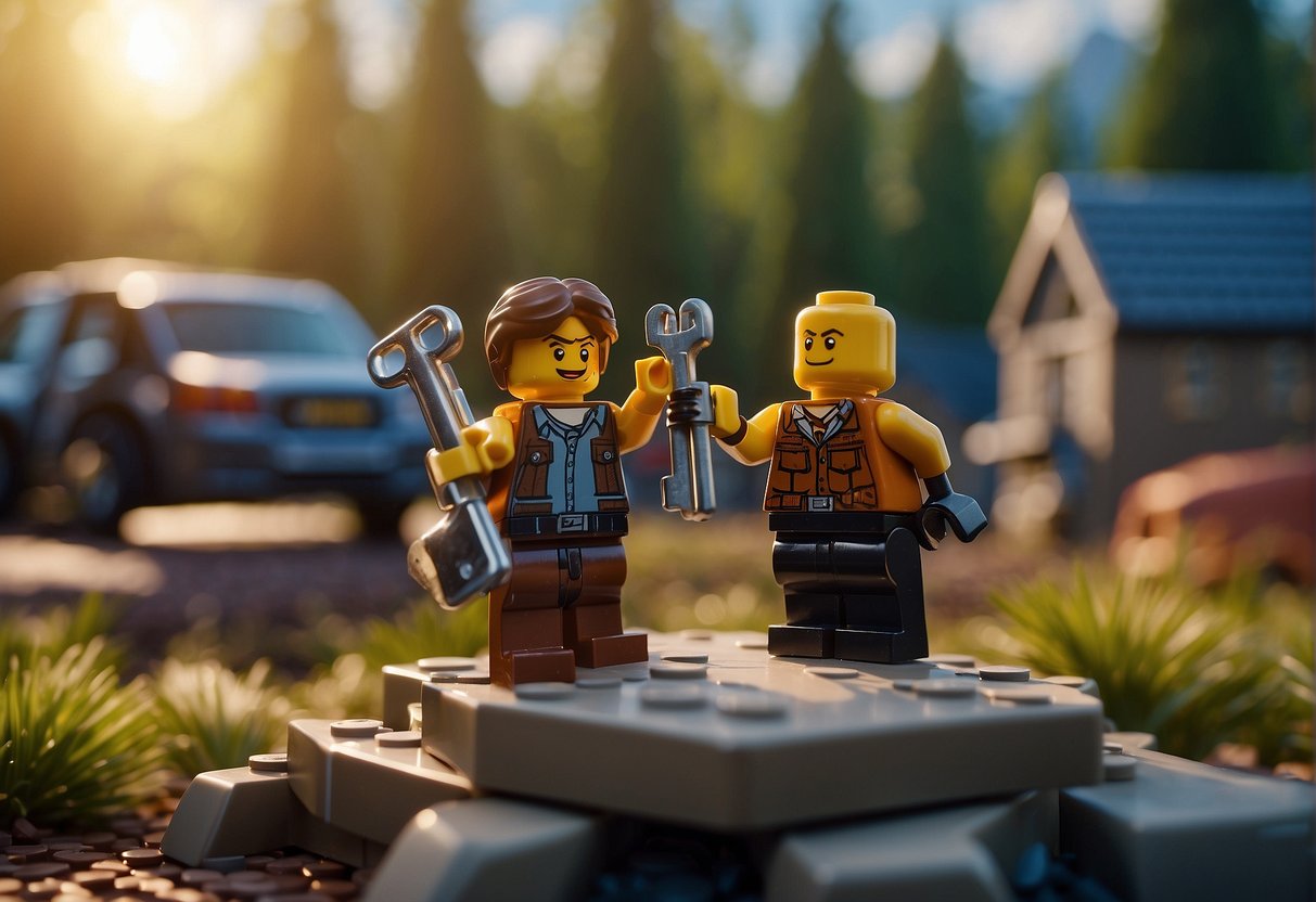 A Lego figure hands a key to another in a Fortnite-themed setting
