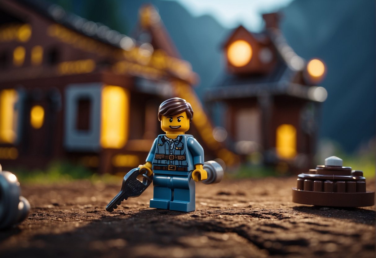 A Lego figure hands over a key to another, amidst a Fortnite-themed setting