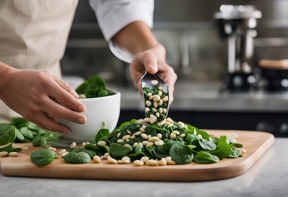 A bowl of white bean and spinach mixture being scooped onto a baking sheet. Ingredients and utensils scattered on a kitchen counter