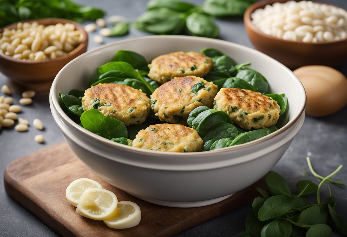 White bean and spinach patties being mixed in a bowl, with ingredients and substitutions listed in the background