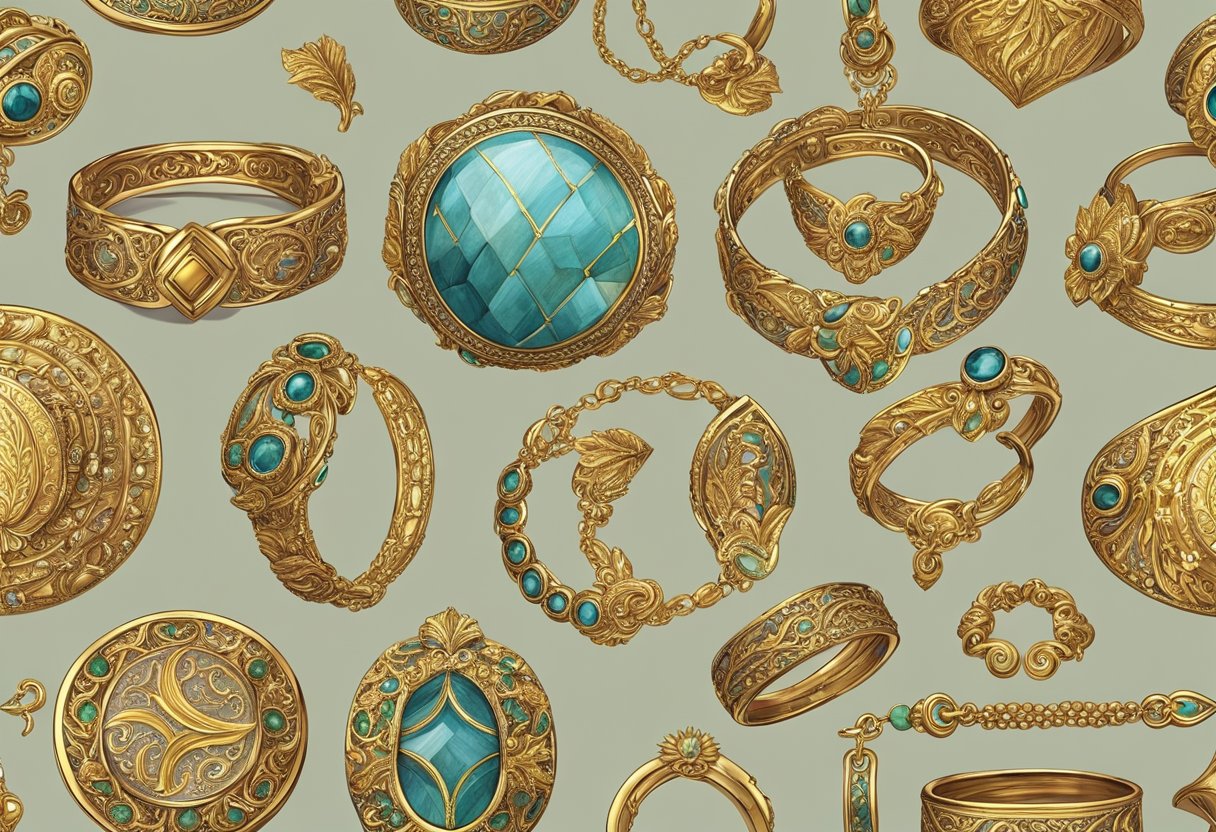 Golden Roman jewelry displayed on a velvet cushion, glinting in the soft light. Intricate patterns of leaves, animals, and gods adorn the rings, bracelets, and necklaces