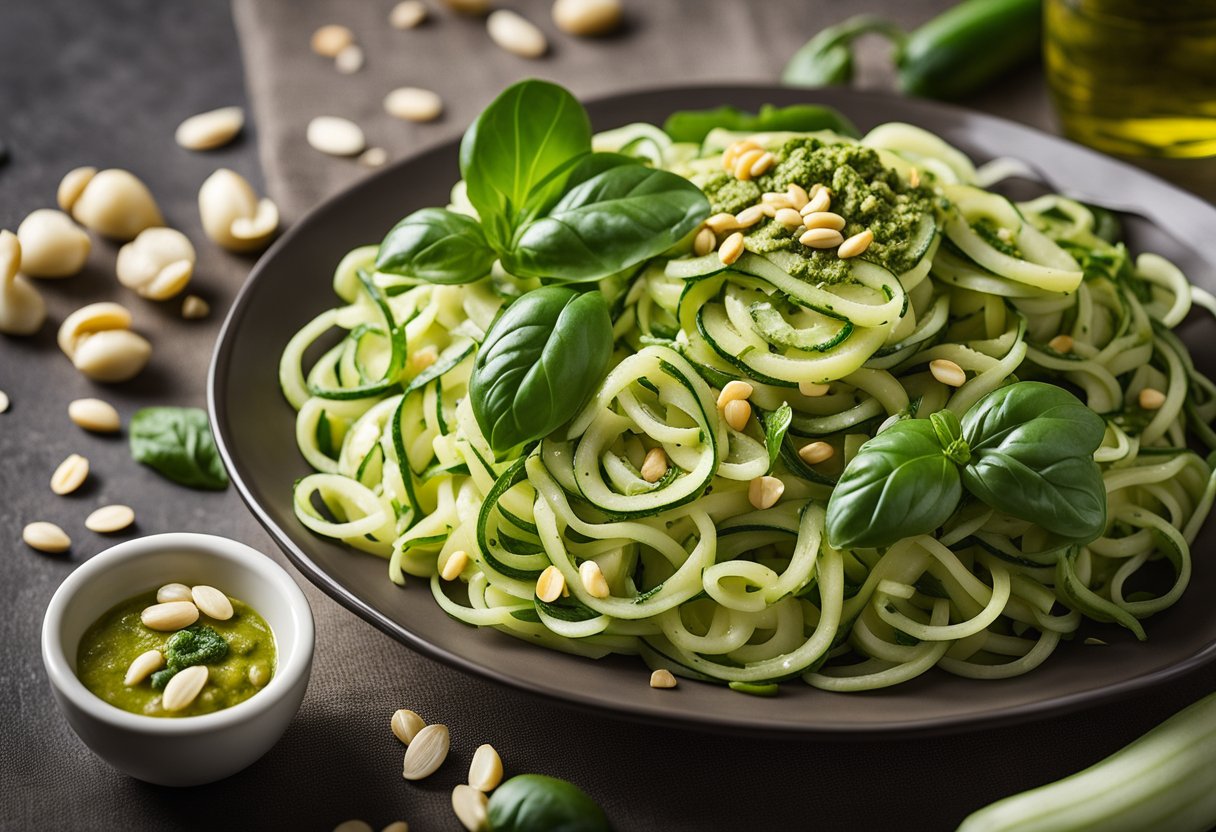 A kitchen counter with a spiralizer, fresh zucchini, basil leaves, pine nuts, garlic, and olive oil. A bowl of freshly made zucchini noodles with pesto sauce on top