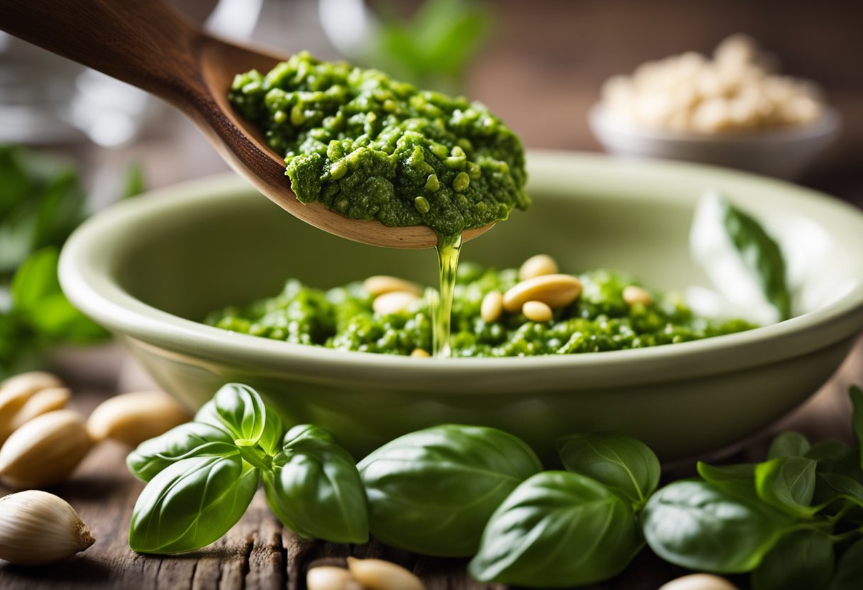 Basil leaves being crushed with garlic and pine nuts, while olive oil is poured in, to create a vibrant green pesto sauce