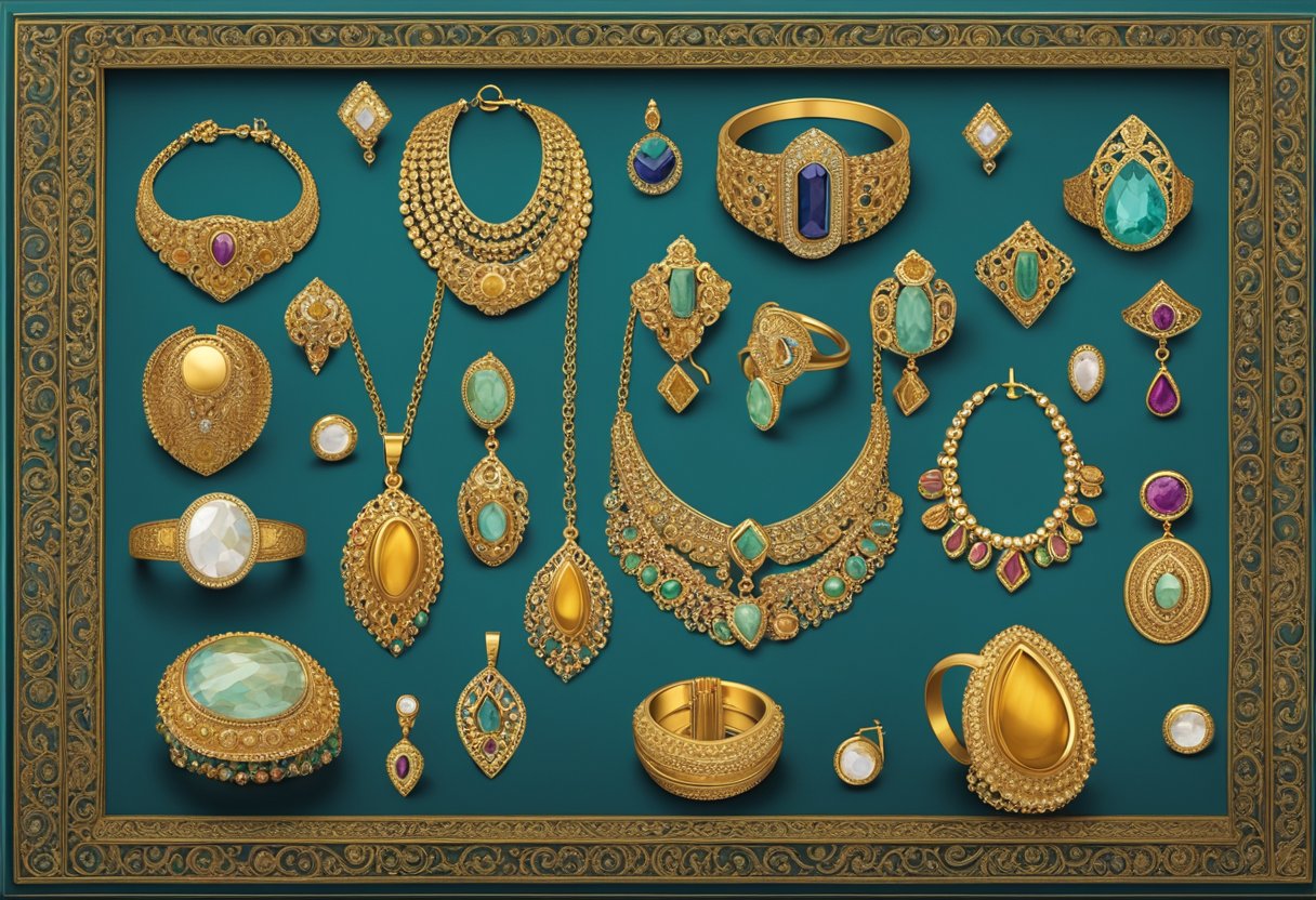 A display of Roman jewelry, including intricate gold necklaces, gemstone-encrusted rings, and ornate earrings, arranged on a velvet-lined tray