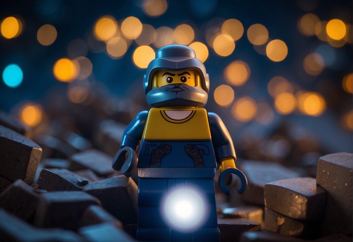 A Lego Fortnite character examines the night sky, surrounded by towering structures and glowing lights