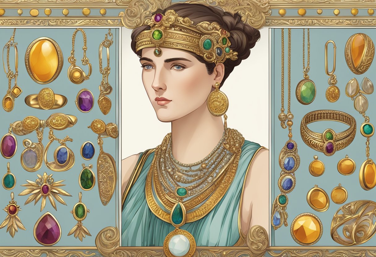 A display of Roman jewelry across gender and age, featuring intricate metalwork and colorful gemstones