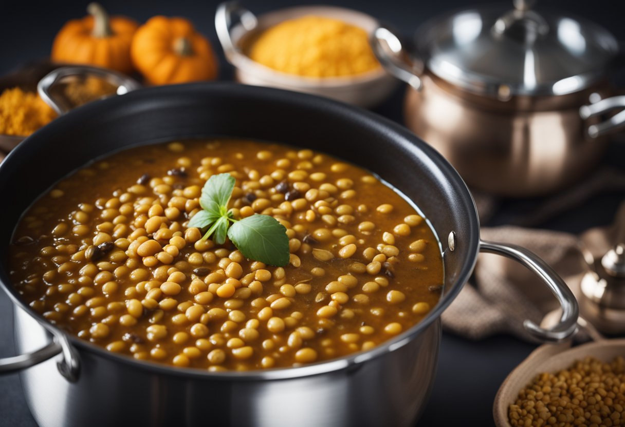 A pot simmering with lentils, pumpkin, and aromatic spices for making Lentil and Pumpkin Curry