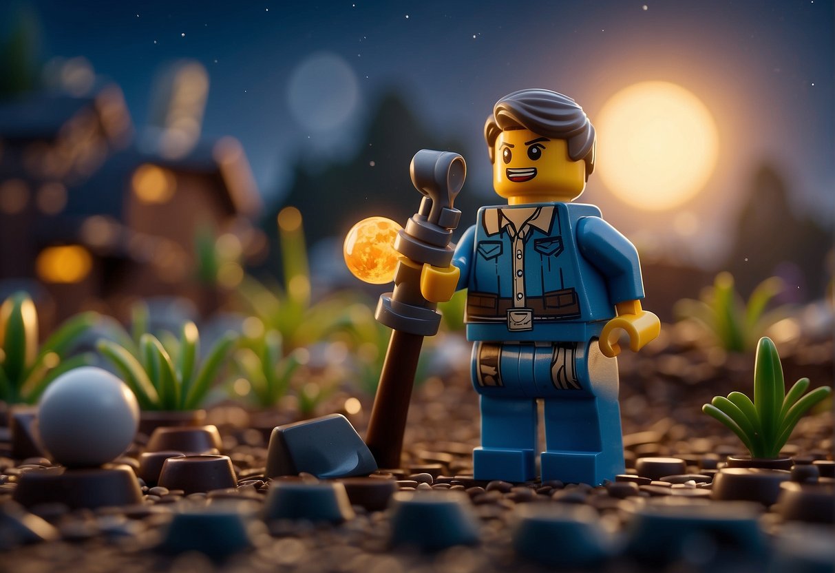 The moon rises over the LEGO Fortnite landscape, casting long shadows as night falls, signaling the start of a new phase of gameplay