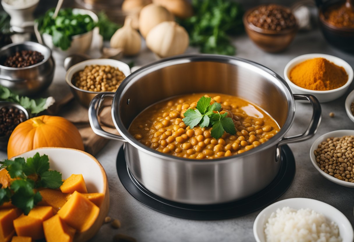 Lentil and pumpkin curry being prepared in a kitchen with various spices and ingredients on a countertop