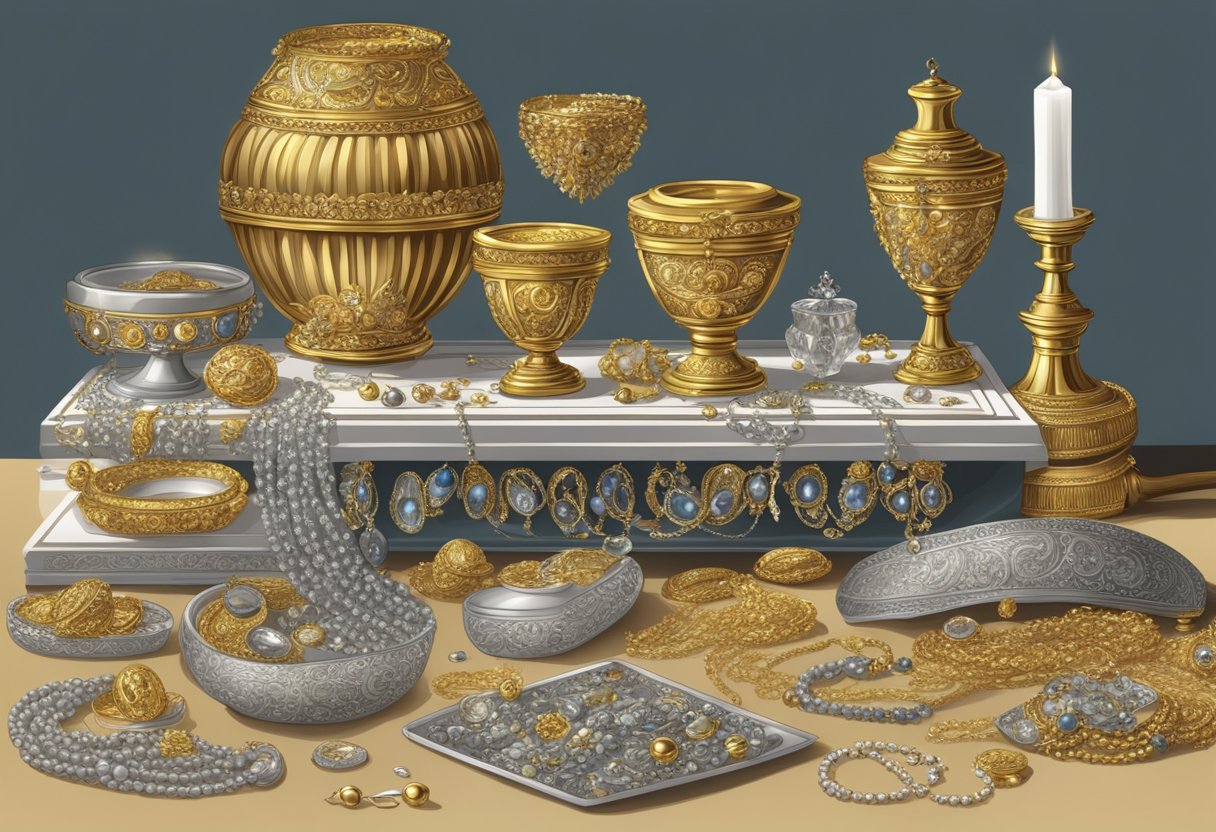 A table covered in intricate Roman jewelry, with delicate gold and silver pieces laid out for dressing the dead