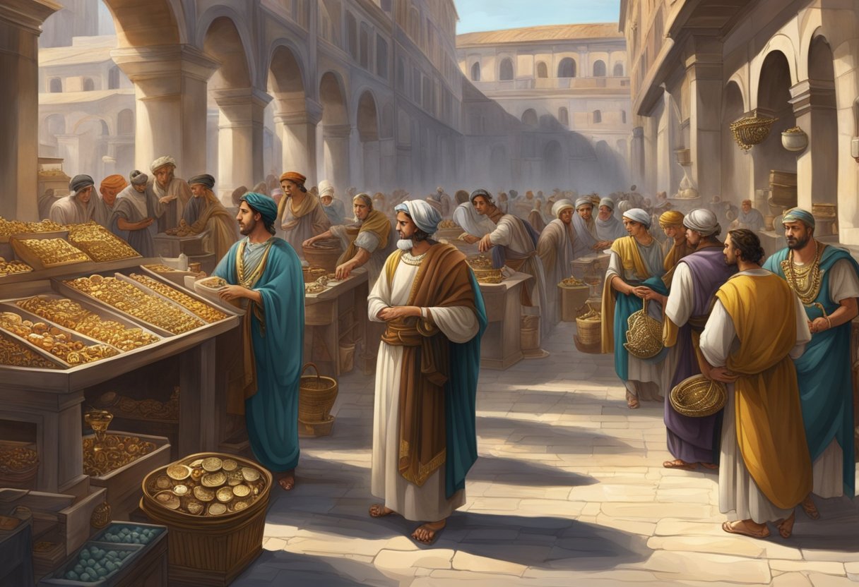 Roman jewelry being traded in a bustling marketplace, with merchants showcasing their wares and customers examining the intricate designs