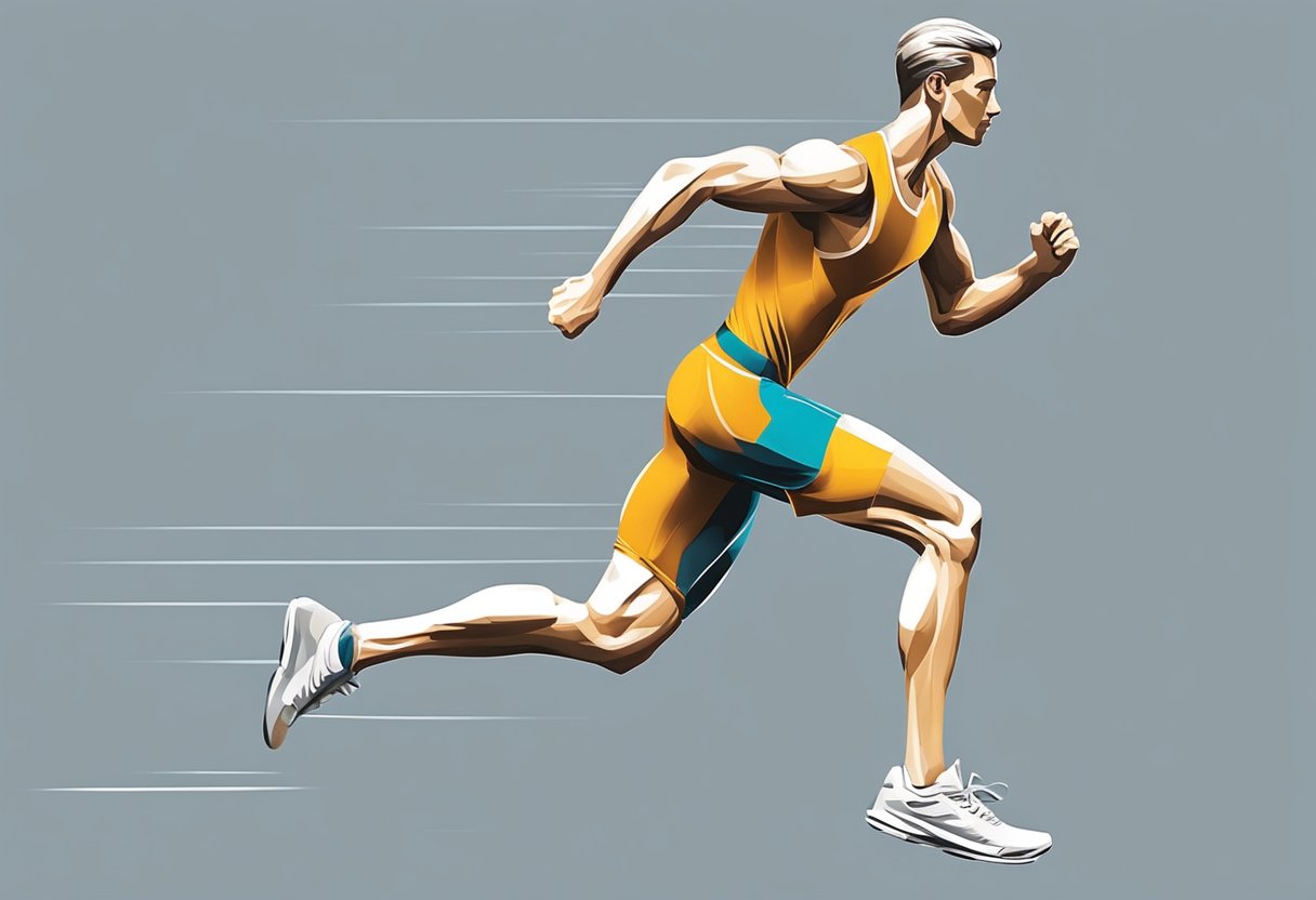 A figure in motion demonstrates proper running form, with straight posture, arms swinging at sides, and feet landing beneath the body