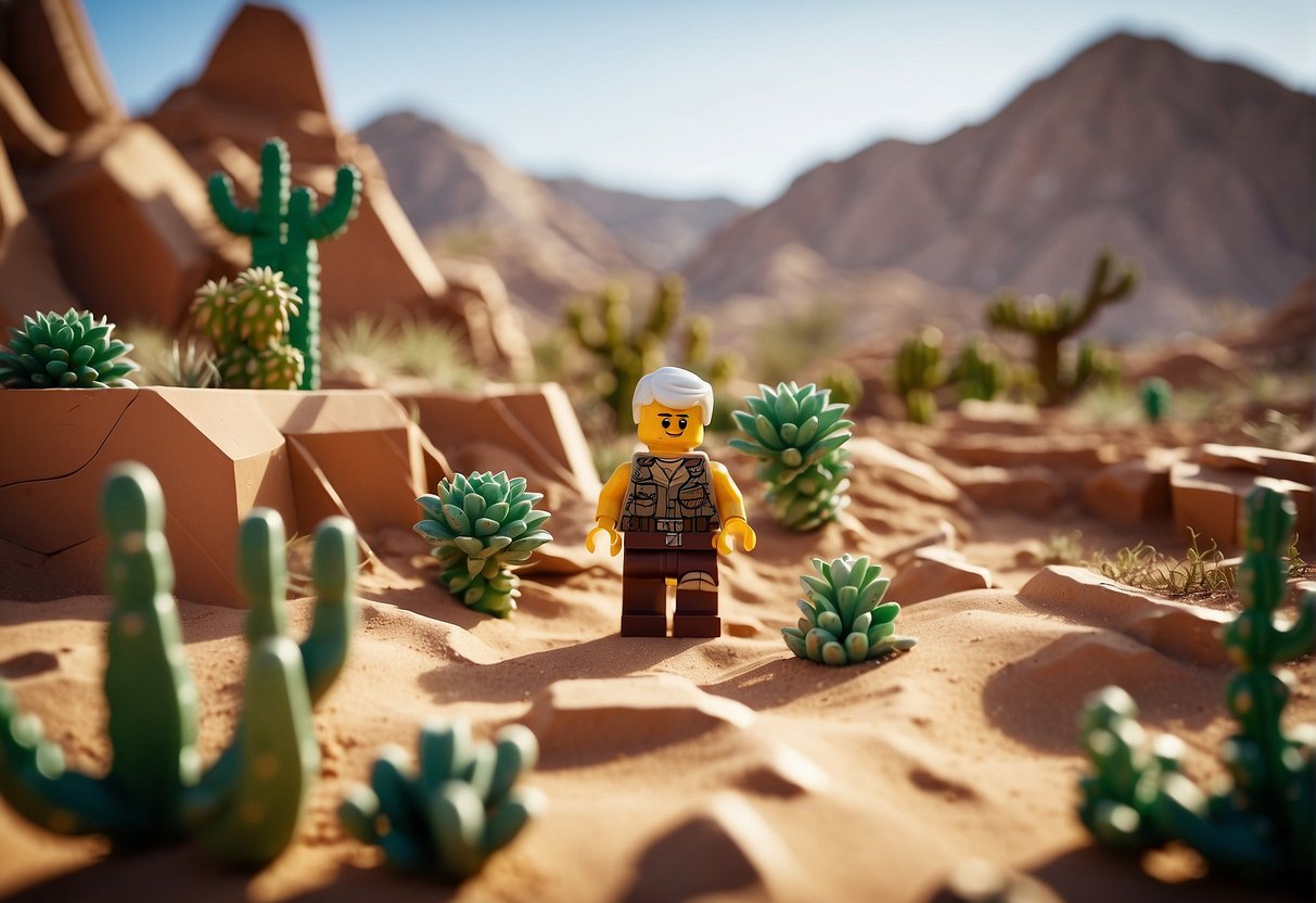 Lego Fortnite desert biome with sand wolves, cacti, and rocky terrain