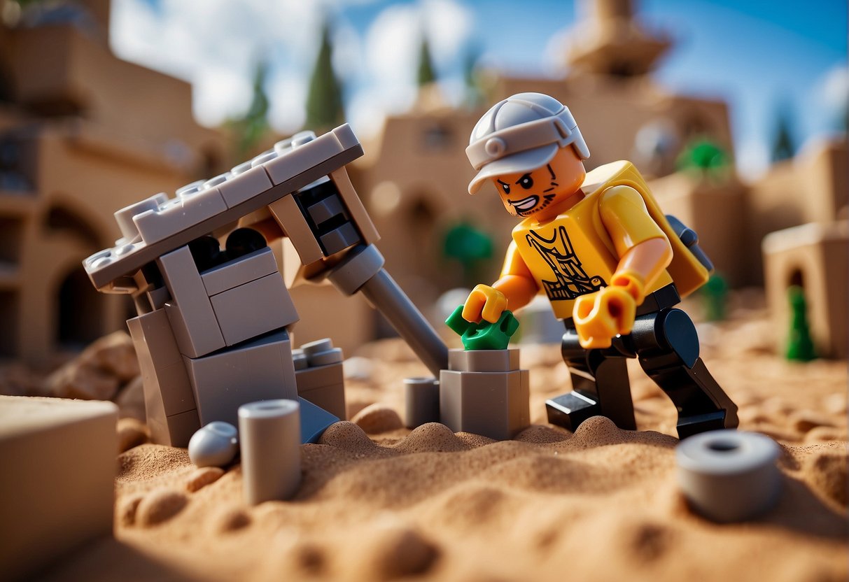A player crafting and upgrading a sand wolves lego fortress in Fortnite