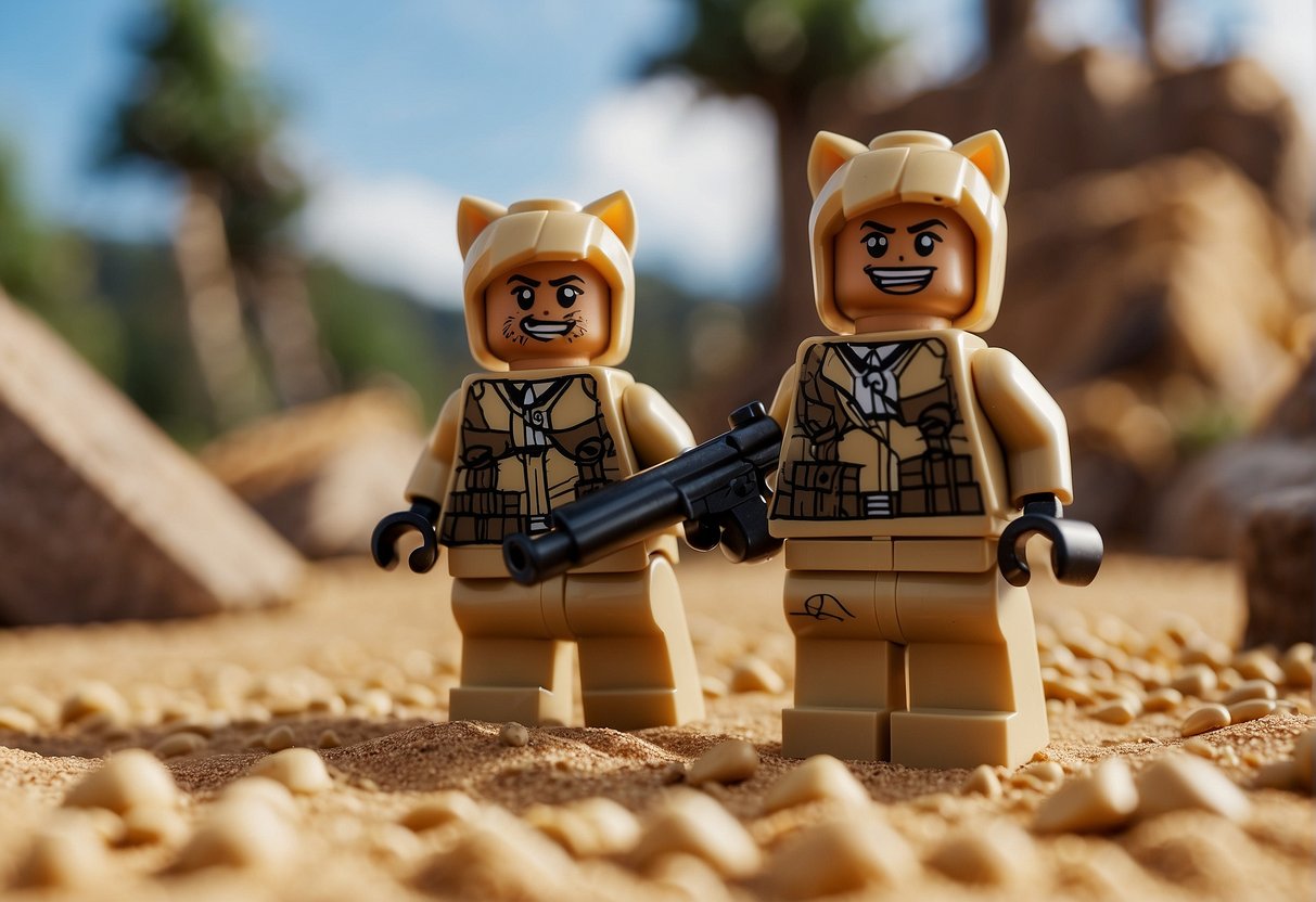 Sand wolves engage in combat, using strategic maneuvers in a Lego Fortnite battleground