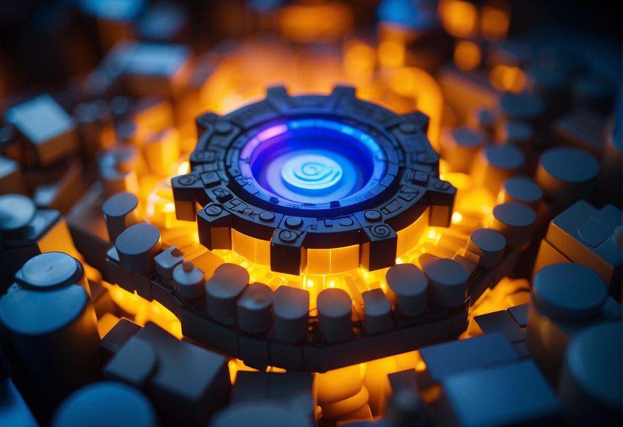 A glowing blast core sits atop a pile of LEGO bricks, surrounded by crafting materials in a Fortnite-themed world
