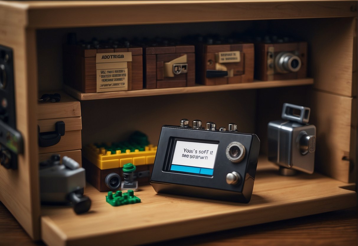 A sturdy safe sits atop a wooden crate, surrounded by locked chests and a security camera. Valuables and resources are neatly organized and labeled, with a sign asking "Does your stuff despawn in Lego Fortnite?"