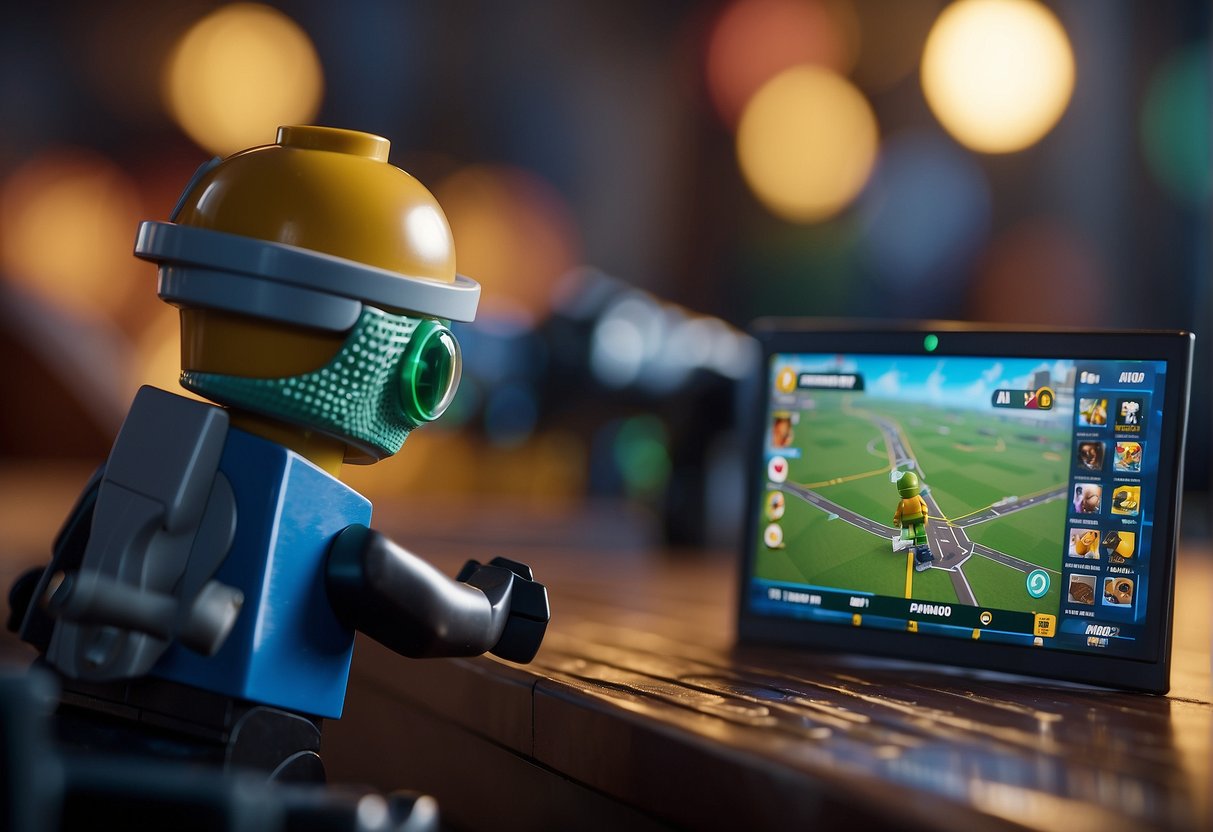 A character navigating through a menu on a screen, selecting a world in the Lego Fortnite game. The character's hand hovers over the options, ready to make a choice