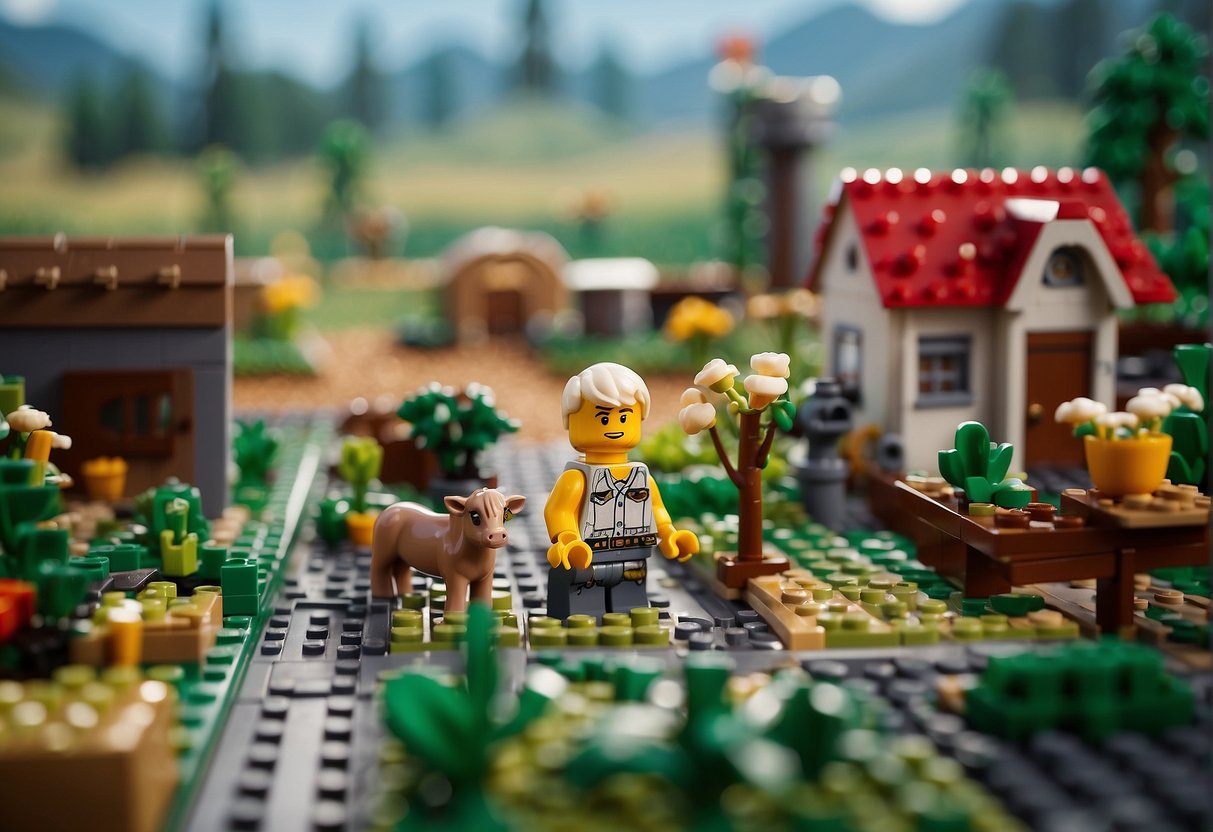 A Lego farm in Fortnite, with crops, animals, and a farmhouse, surrounded by brick walls and watchtowers