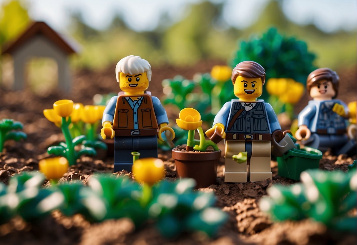 Lego figures planting and harvesting crops in a Fortnite-themed farm