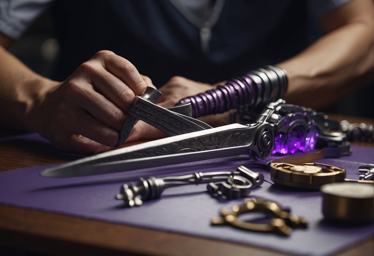 A figure carefully assembles the pieces of a purple sword, surrounded by crafting materials and a blueprint