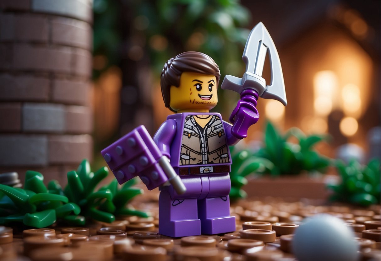 A character holding a purple sword while surrounded by lego bricks and in a Fortnite-themed environment