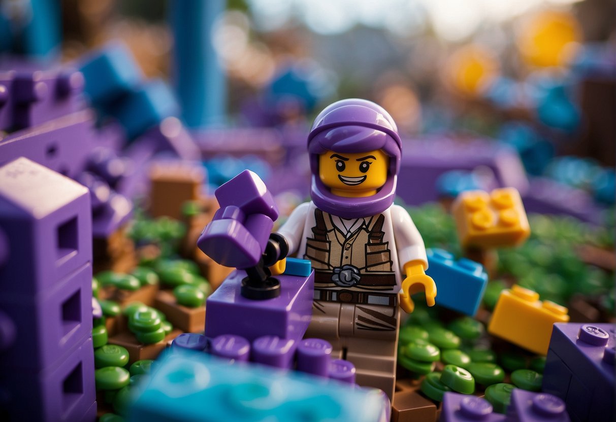 A figure collects rare purple bricks to build a sword in a vibrant Lego Fortnite world