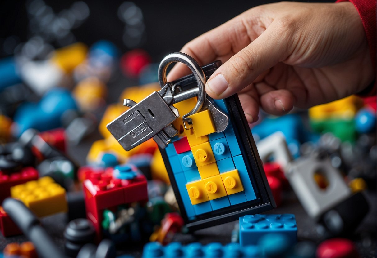 A hand placing a key into a Lego Fortnite key holder, surrounded by colorful Lego pieces and a Fortnite-themed backdrop