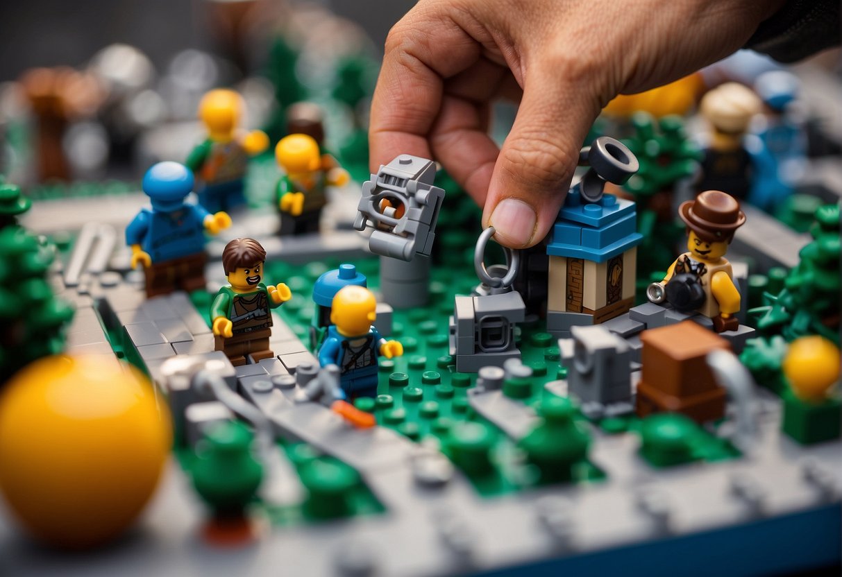 A hand places a key into a Lego Fortnite world, unlocking a key holder. Various Lego Fortnite characters and structures surround the scene