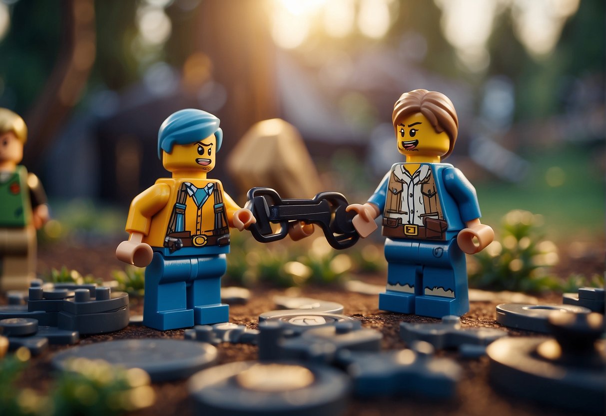 Players exchanging a key holder with Lego Fortnite, enhancing their multiplayer experience
