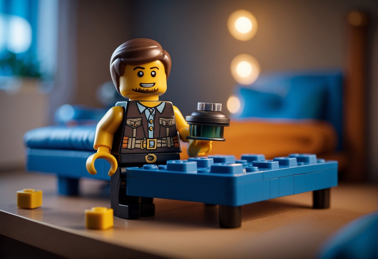 A Lego character examines a bed in Fortnite, testing its functionality