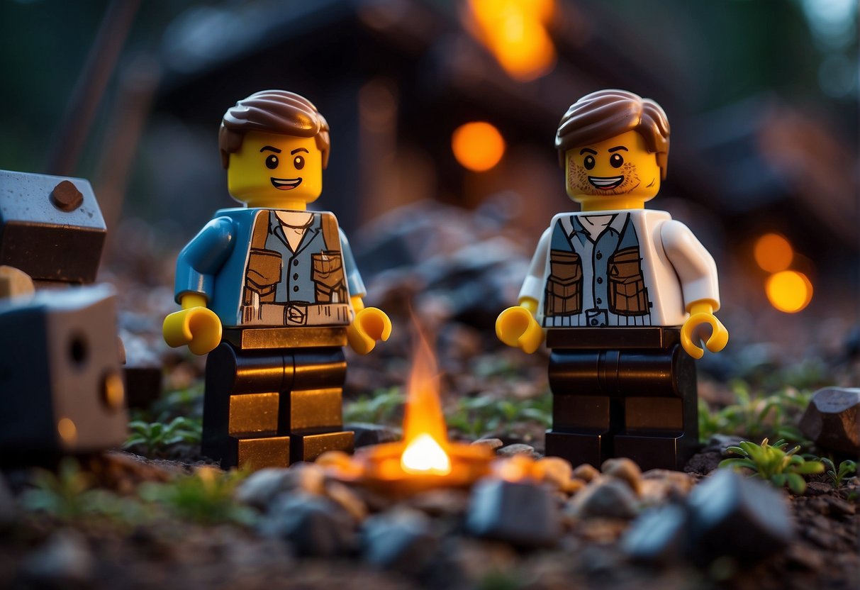 A Lego character sits by a campfire, surrounded by building blocks and weapons. They appear relaxed and rejuvenated, showcasing the restorative effects of resting in Lego Fortnite